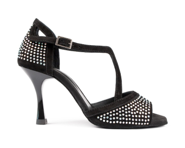 Damen Tanzschuhe PD507 Schwarz Nubuk mit Crystal Strass - 7 cm Absatz - PortDance